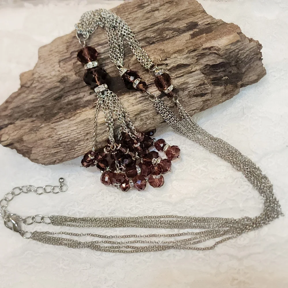 Boho Silver Toned Multi-Chain Long, Plum Glass Beaded, Tassel Y Necklace